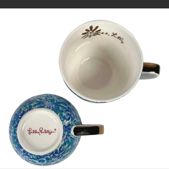 Lilly Pulitzer High Manetenance Ceramic Mugs Blue Lilly Print Set 2 - Picture 2 of 4